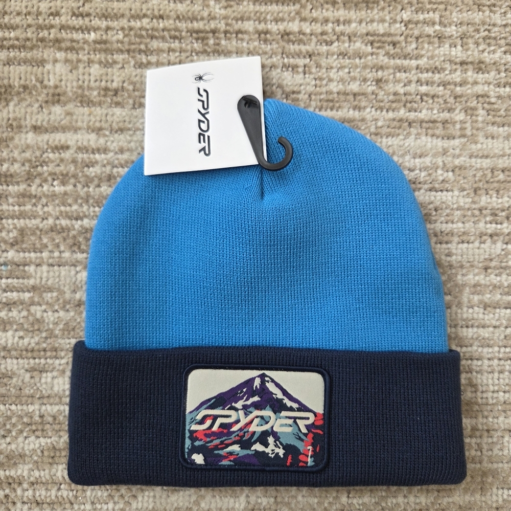 Spyder Youth Link Blue and Black Beanie With Mountain Image